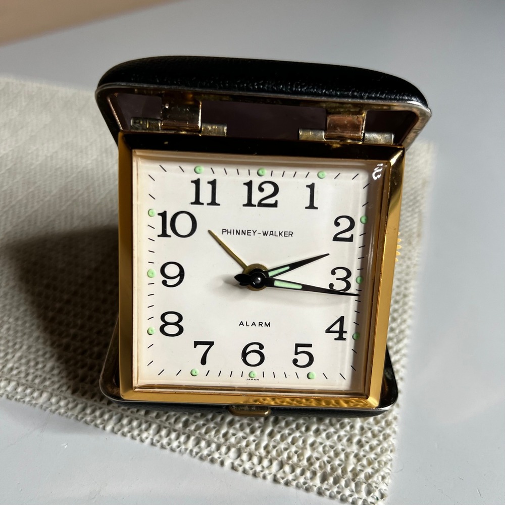Phinney-Walker Vintage Travel Alarm Clock Black‎ Gold Folding Case Made in Japan